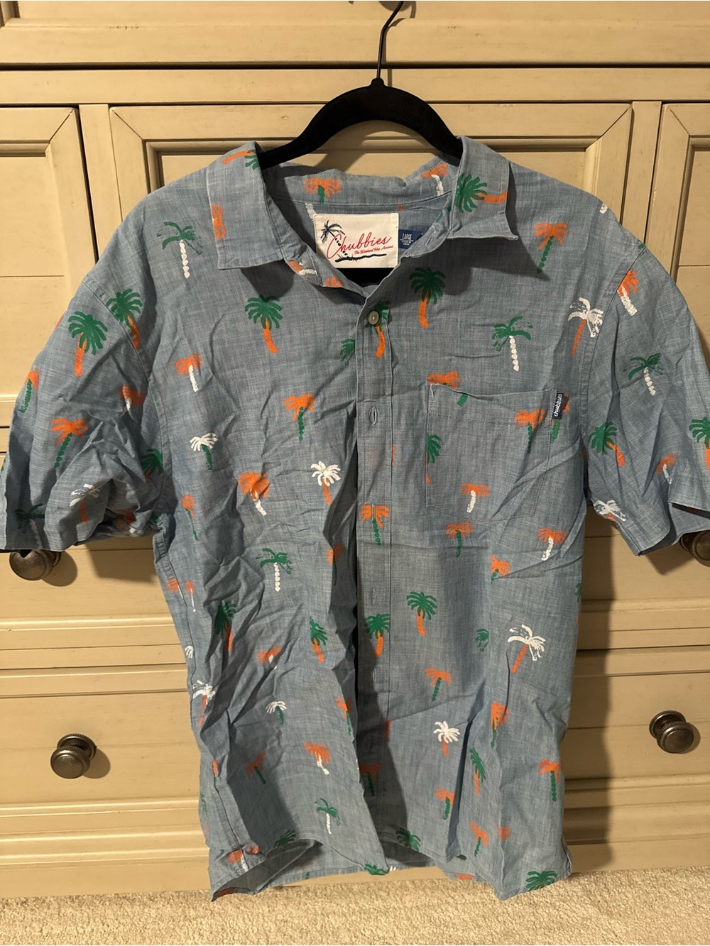 chubbies Light Blue Short-Sleeve Palm Tree Shirt with Green & Orange Accents